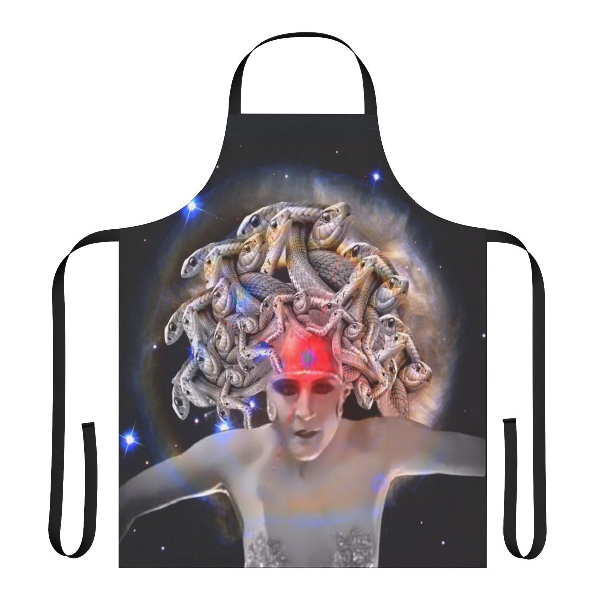 Medusa-inspired abstract pattern printed on an apron