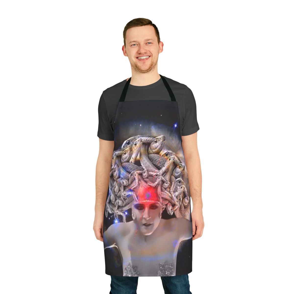 Medusa-inspired abstract pattern printed on an apron