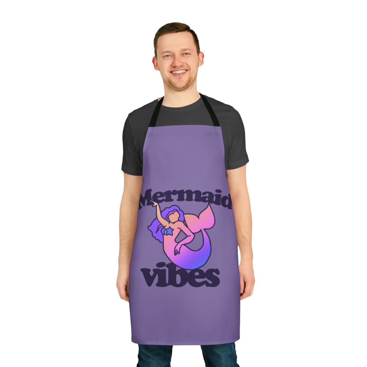 A vibrant mermaid-themed apron with shimmering scales and a whimsical design, perfect for ocean-inspired cooking and hosting.