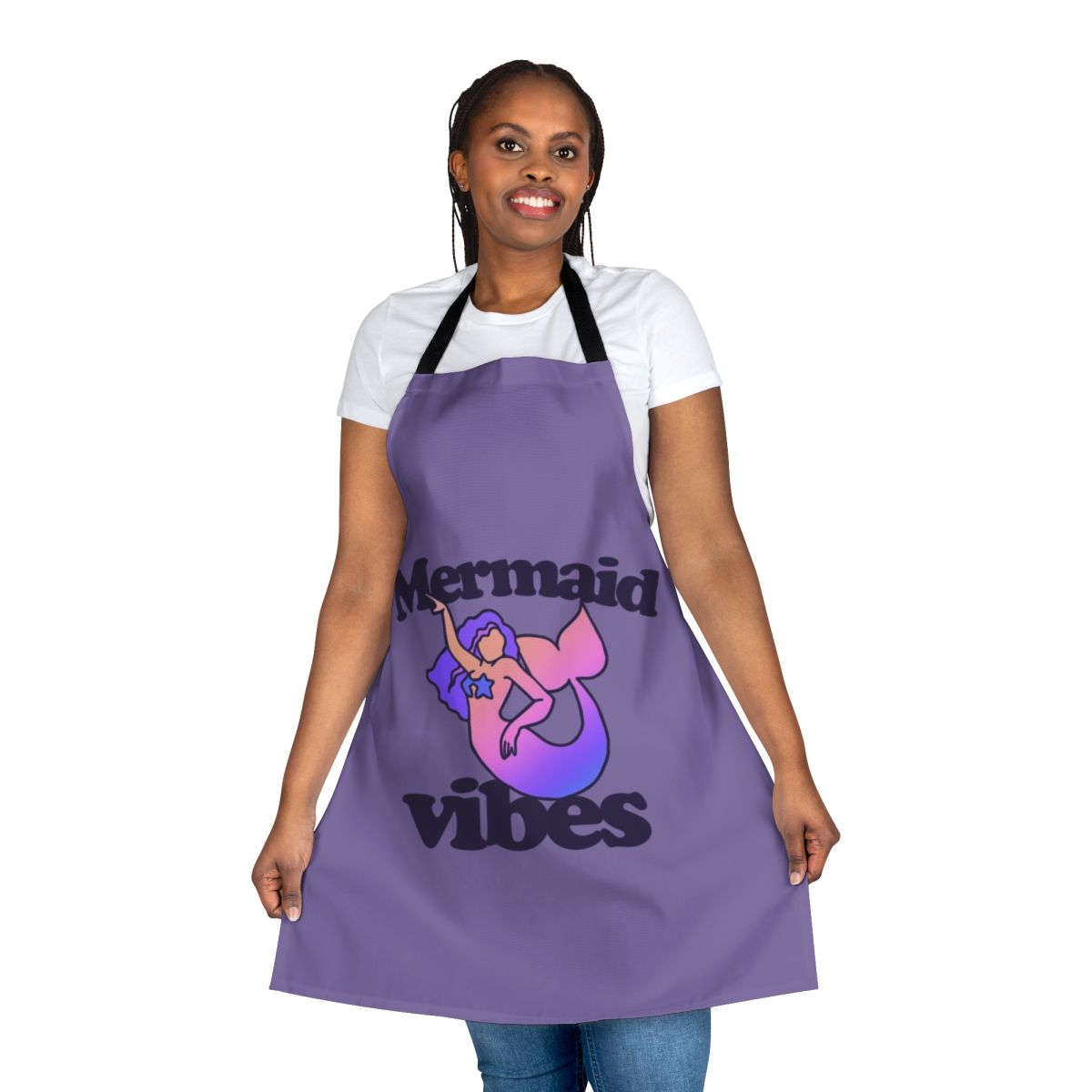 A vibrant mermaid-themed apron with shimmering scales and a whimsical design, perfect for ocean-inspired cooking and hosting.