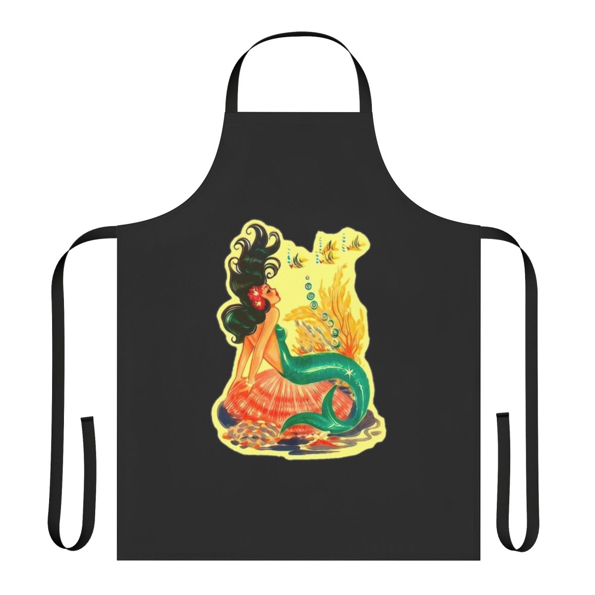 A black apron with a whimsical mermaid design, perfect for the mermaid lover in your life.
