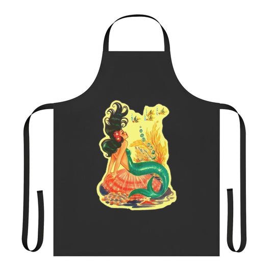 A black apron with a whimsical mermaid design, perfect for the mermaid lover in your life.