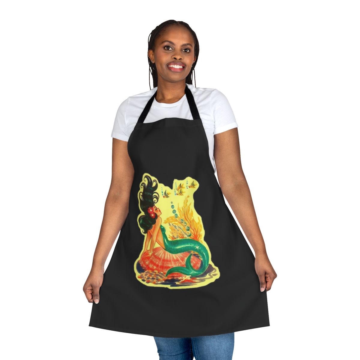 A black apron with a whimsical mermaid design, perfect for the mermaid lover in your life.