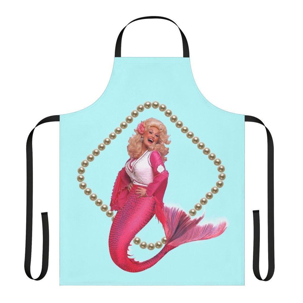A pink apron with a mermaid and pearl design, perfect for country music lovers.