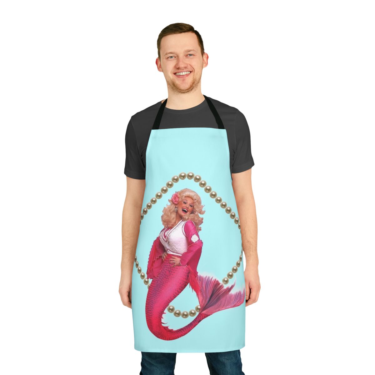A pink apron with a mermaid and pearl design, perfect for country music lovers.