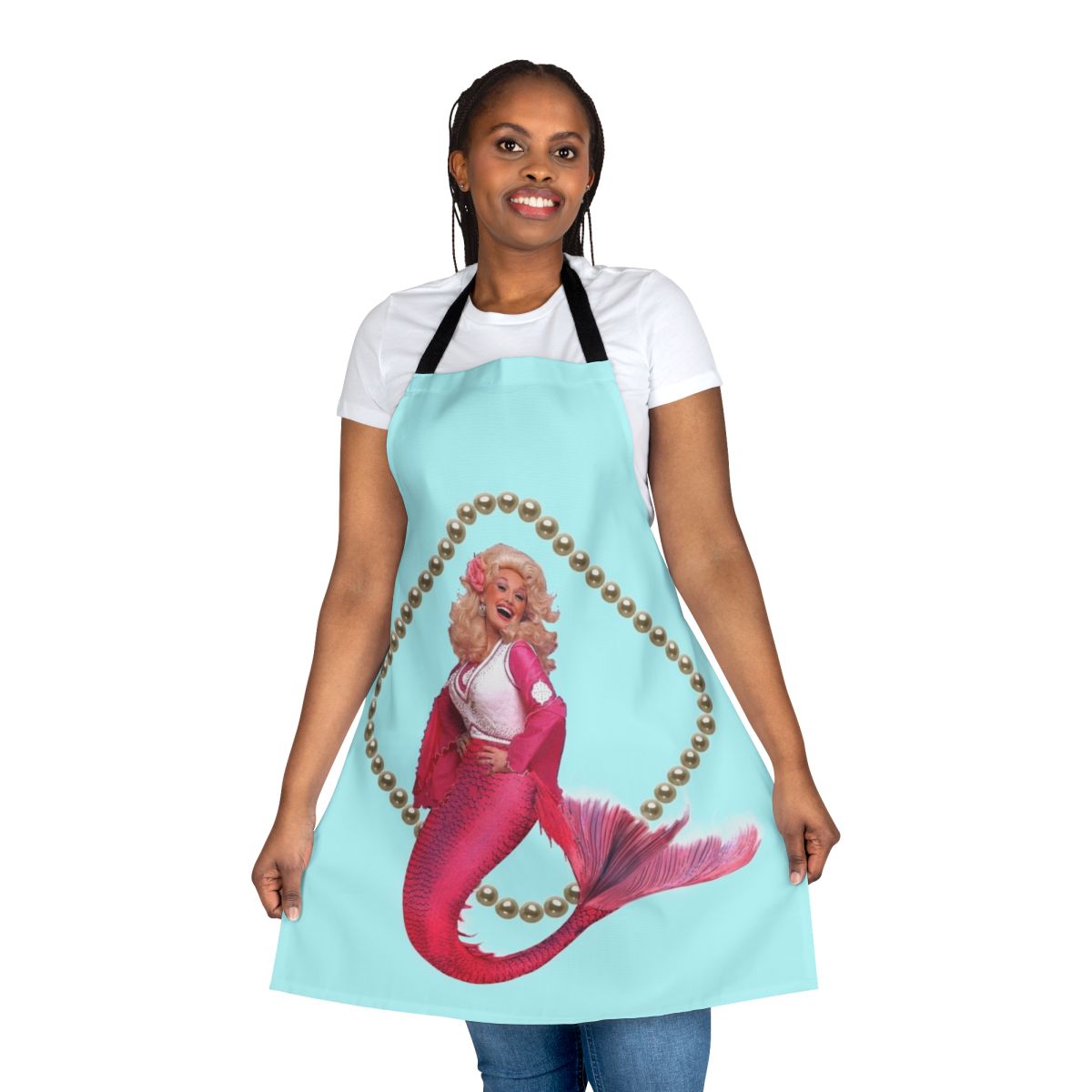 A pink apron with a mermaid and pearl design, perfect for country music lovers.