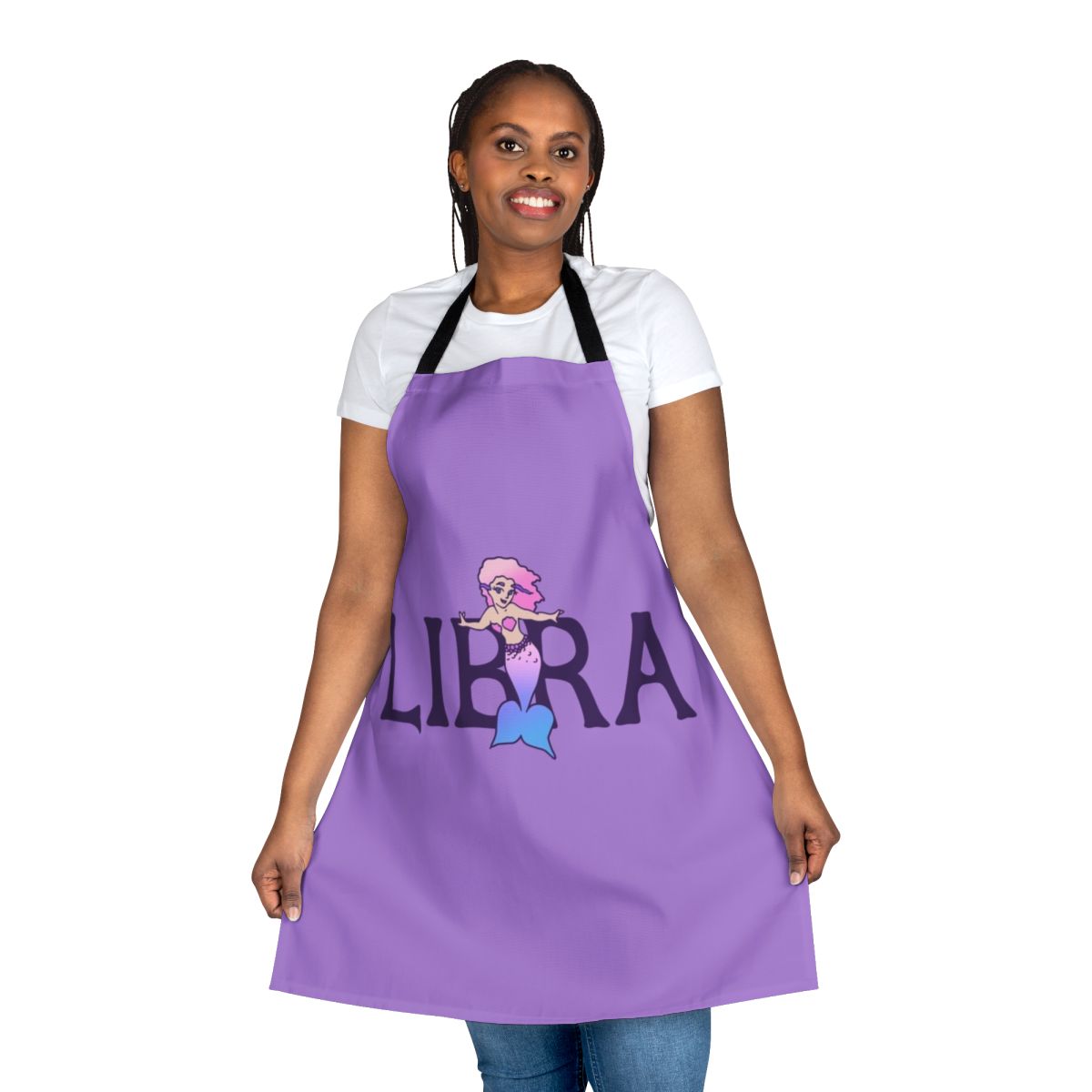 A pink and white mermaid-themed apron featuring the Libra zodiac sign, perfect for cooks who love mystical creatures.