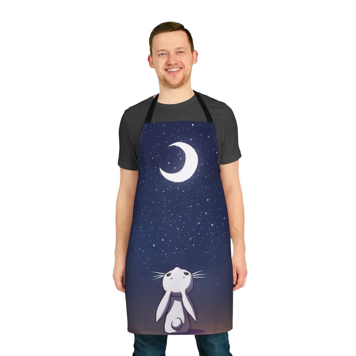Whimsical apron featuring a moon bunny design, perfect for children and fantasy enthusiasts.