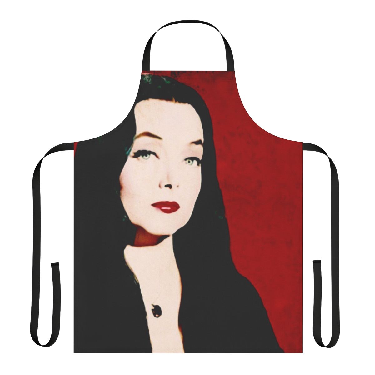 A stylish and whimsical kitchen apron featuring the iconic portrait of Morticia Addams from the Addams Family.