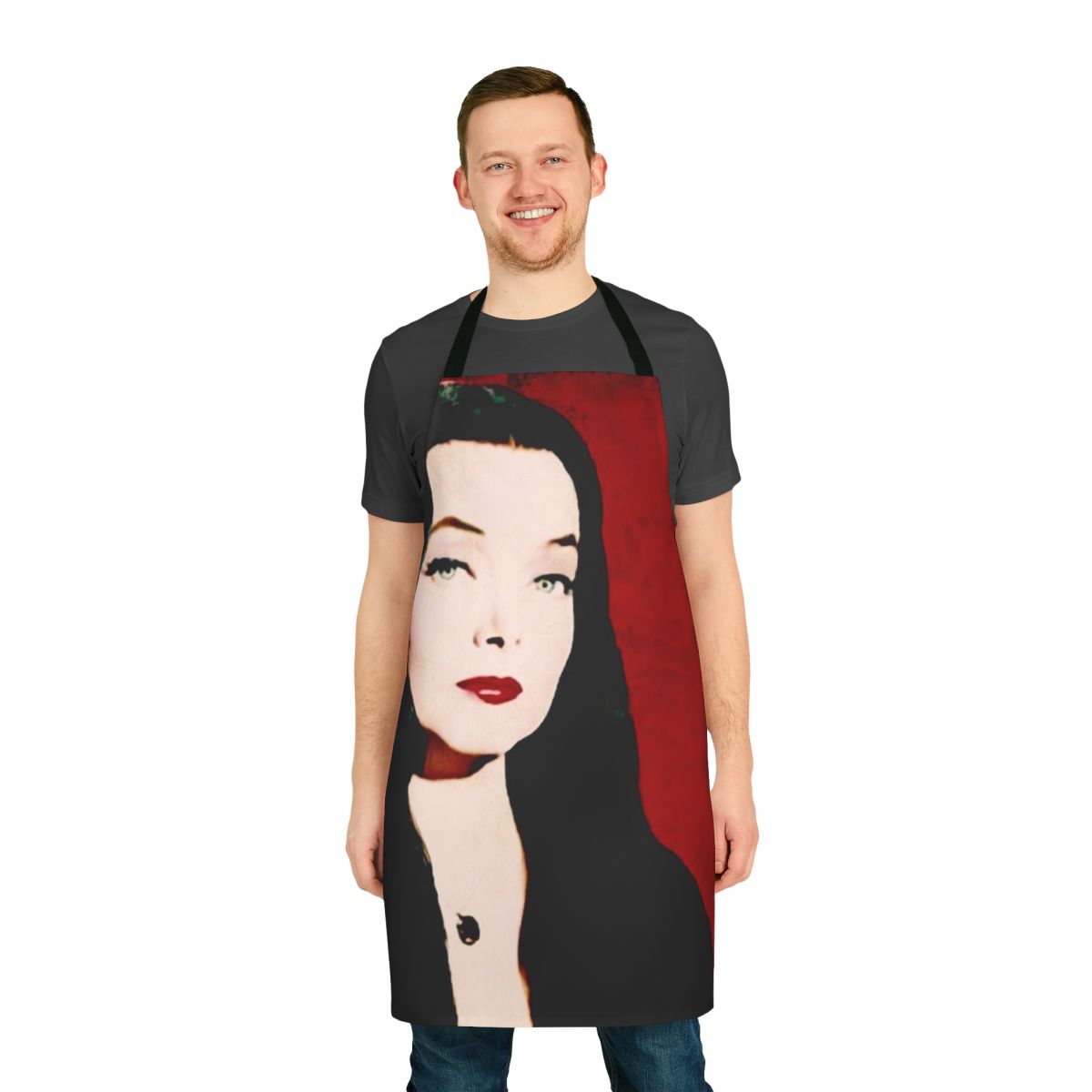 A stylish and whimsical kitchen apron featuring the iconic portrait of Morticia Addams from the Addams Family.