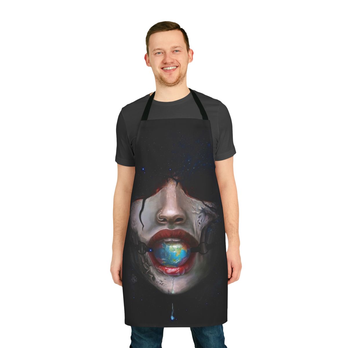 Striking apron featuring a captivating Mother Earth design by artist Julia