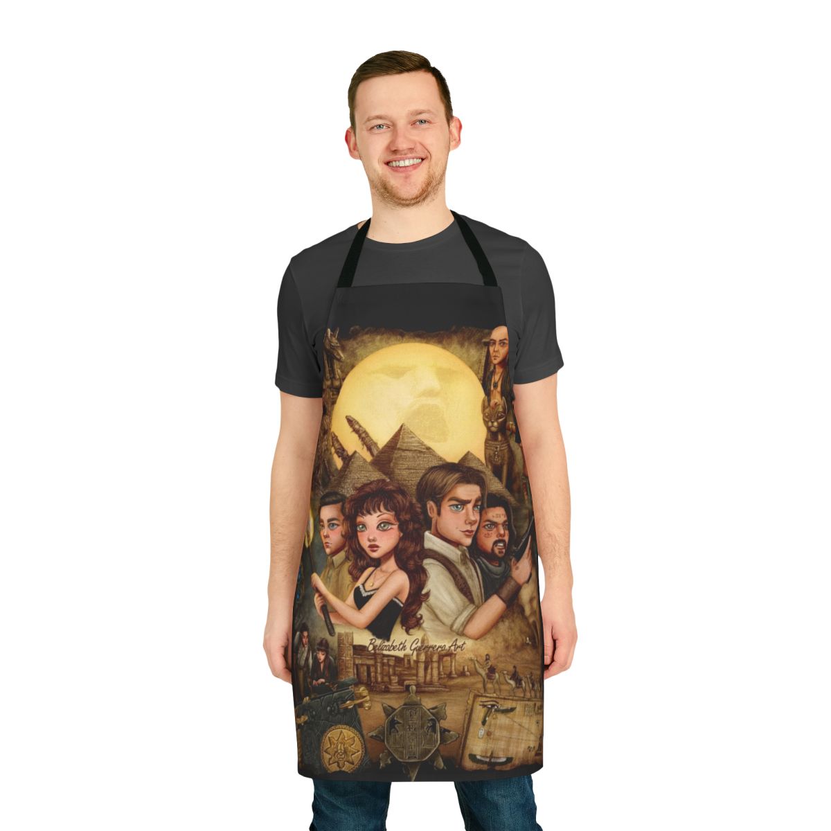 A stylish mummy-themed apron with Egyptian motifs and a fantasy-adventure aesthetic.