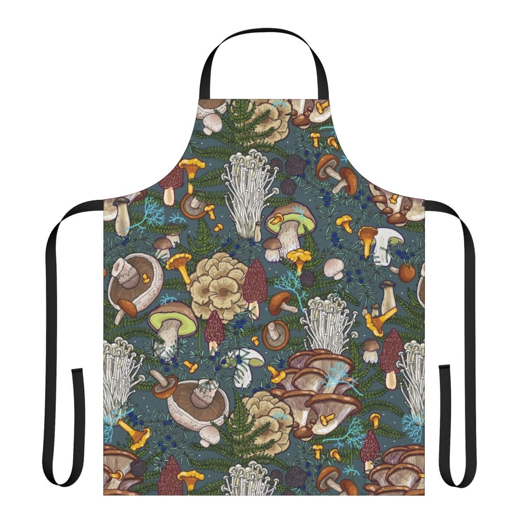 A nature-inspired apron featuring a vibrant pattern of various wild mushrooms and botanical elements.