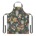 A nature-inspired apron featuring a vibrant pattern of various wild mushrooms and botanical elements.