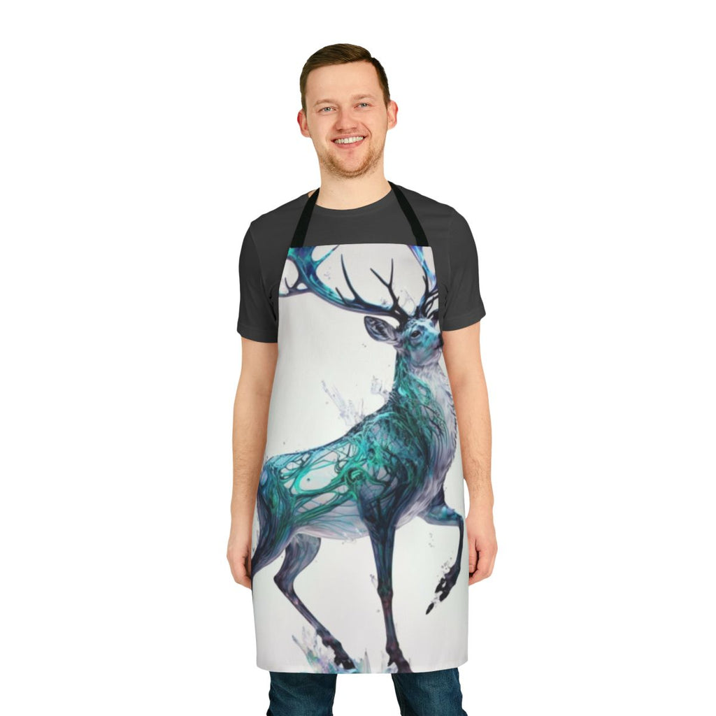 Mystic stag apron with holographic, prancing design in winter and Christmas motif