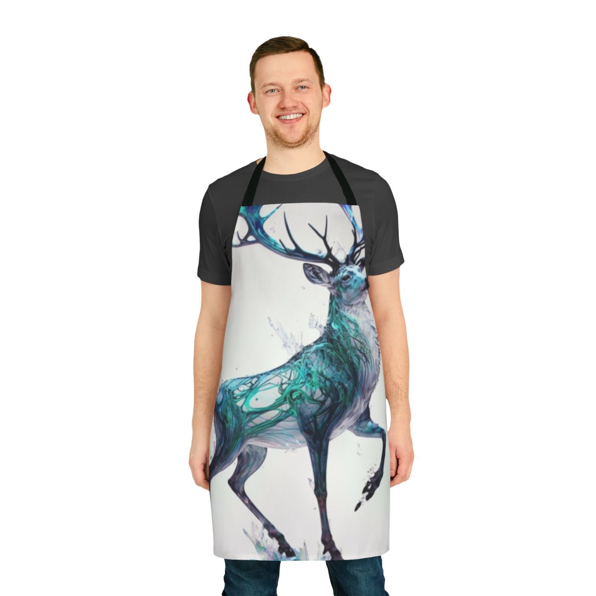Mystic stag apron with holographic, prancing design in winter and Christmas motif