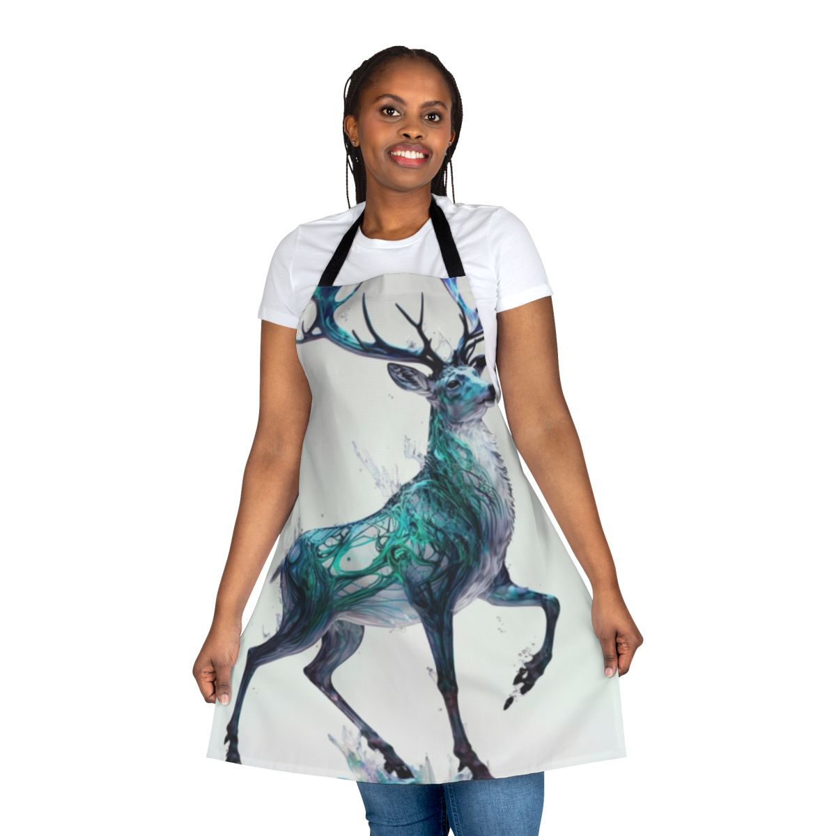 Mystic stag apron with holographic, prancing design in winter and Christmas motif