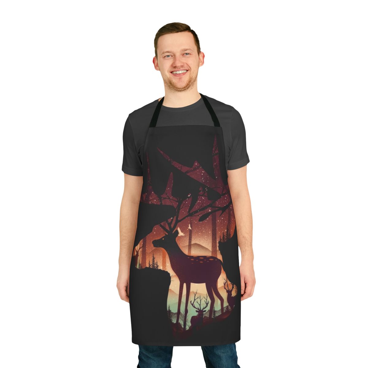 Mystical deer apron in a forest setting with trees, branches, and stars
