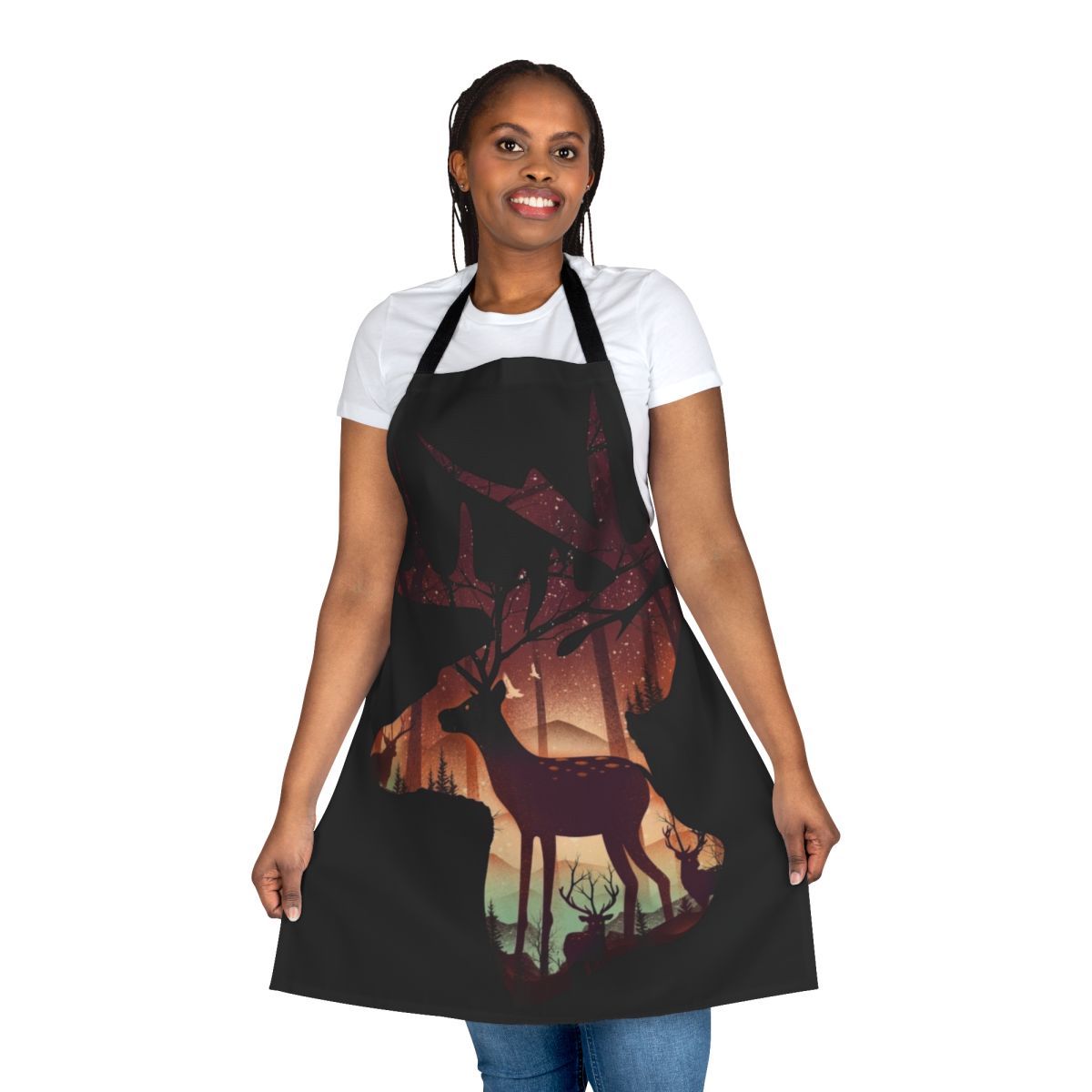 Mystical deer apron in a forest setting with trees, branches, and stars