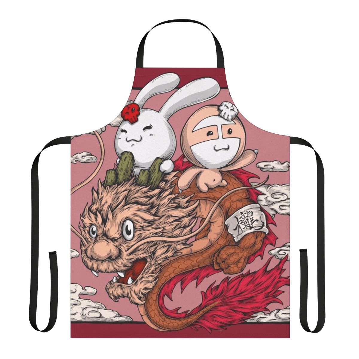 Playful apron featuring a dragon, bunny, and sloth design