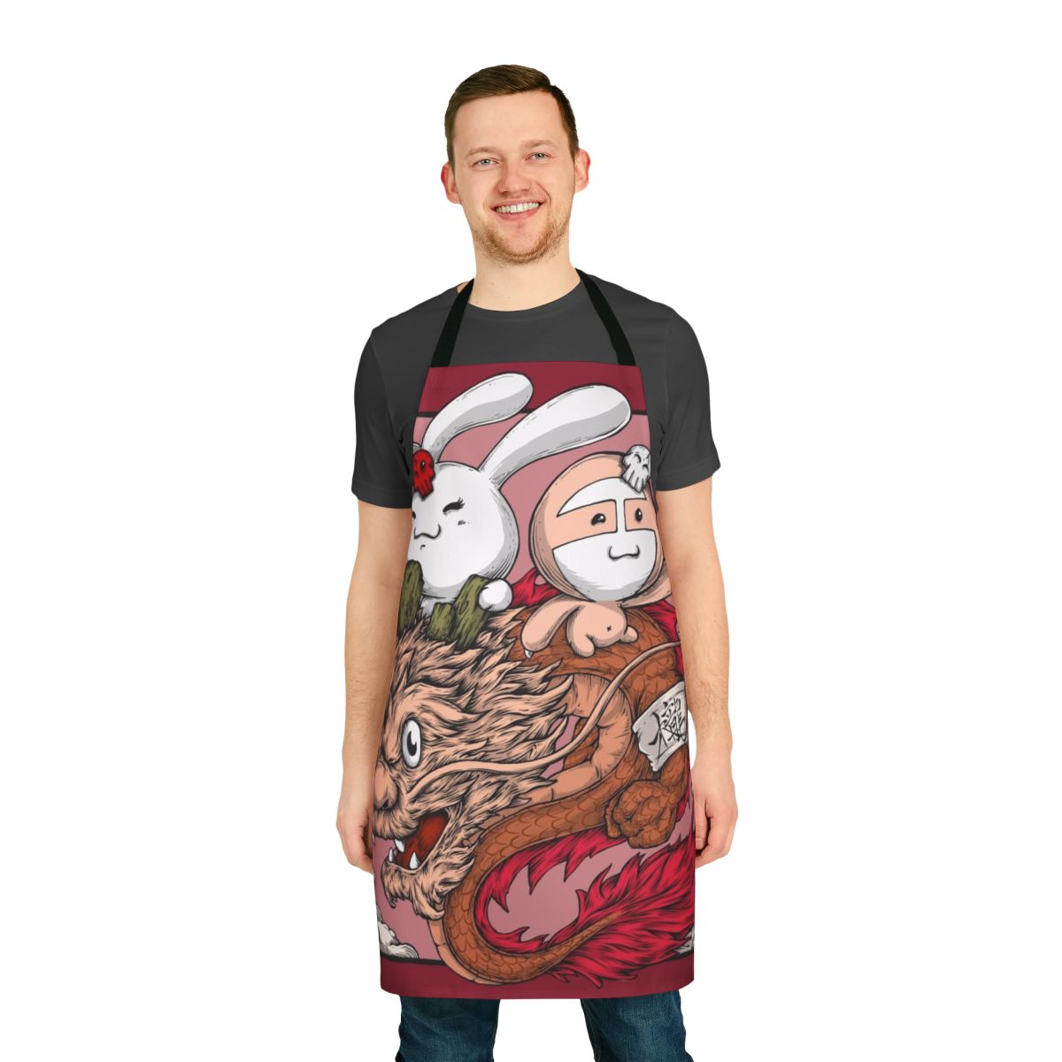 Playful apron featuring a dragon, bunny, and sloth design