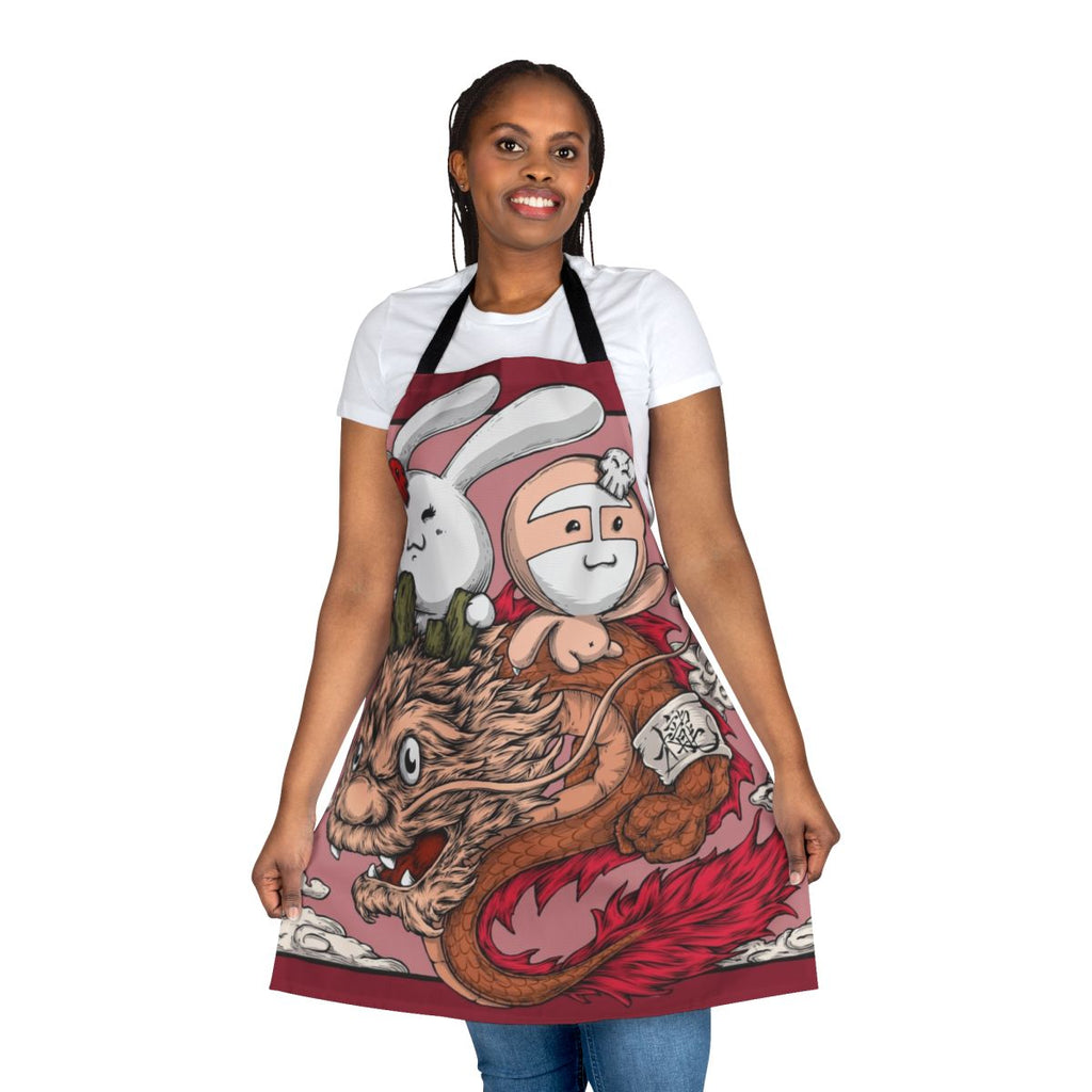 Playful apron featuring a dragon, bunny, and sloth design