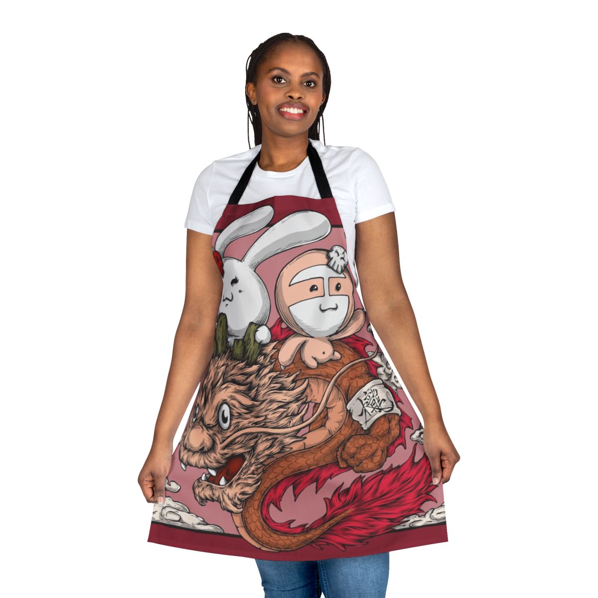 Playful apron featuring a dragon, bunny, and sloth design
