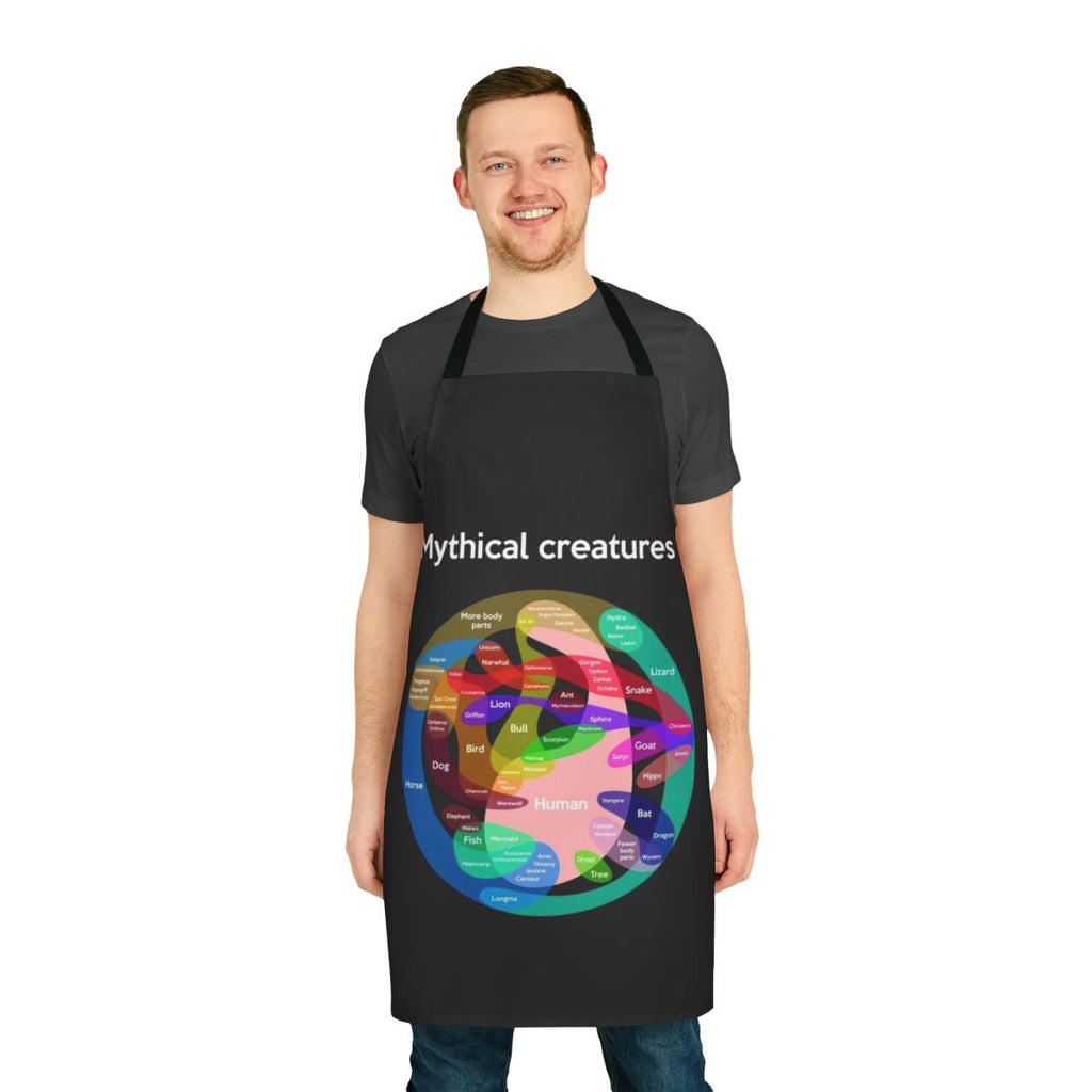 Apron featuring a detailed chart of epic mythical creatures like unicorns and griffins