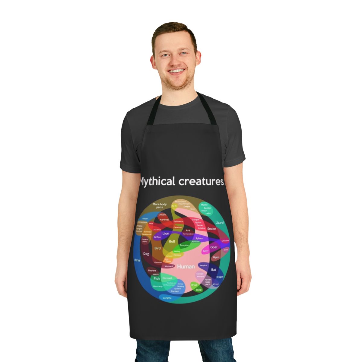 Apron featuring a detailed chart of epic mythical creatures like unicorns and griffins