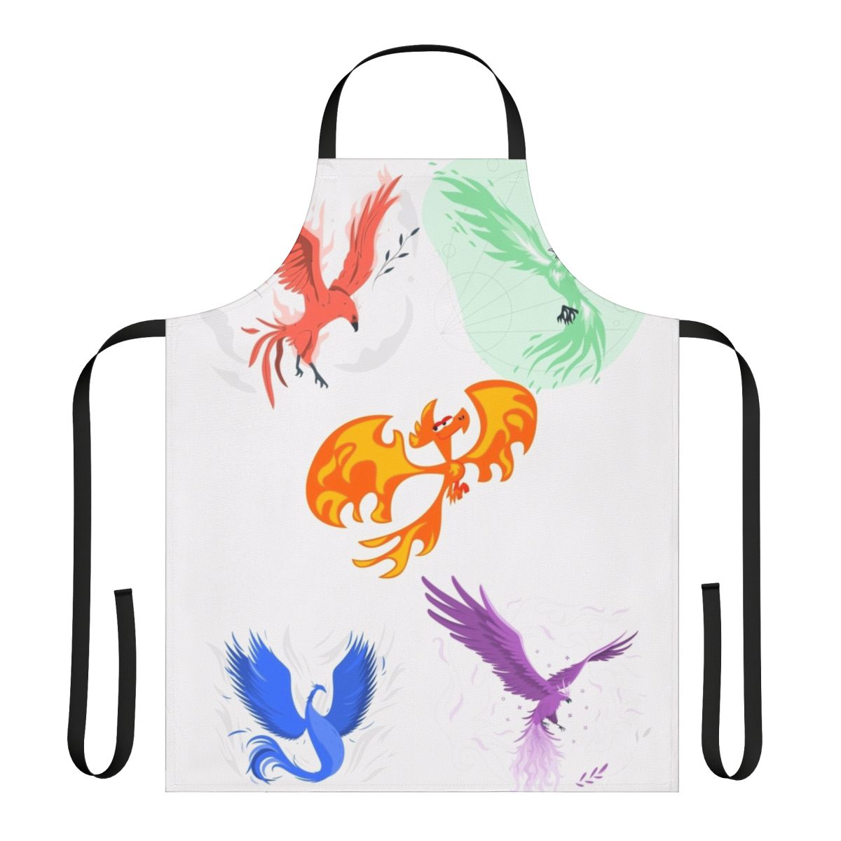 A colorful apron featuring illustrations of mythical legendary animals and creatures.