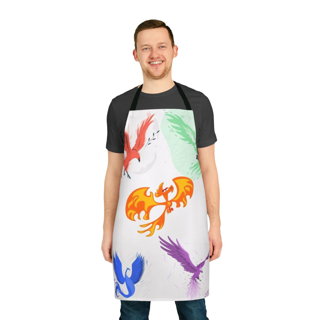A colorful apron featuring illustrations of mythical legendary animals and creatures.