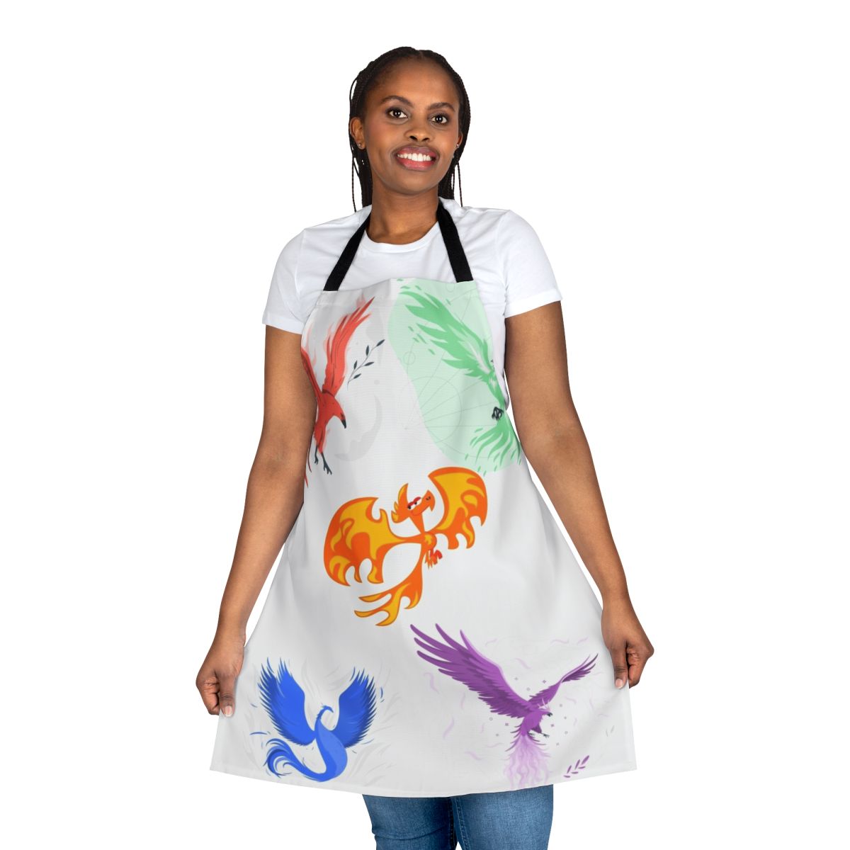 A colorful apron featuring illustrations of mythical legendary animals and creatures.