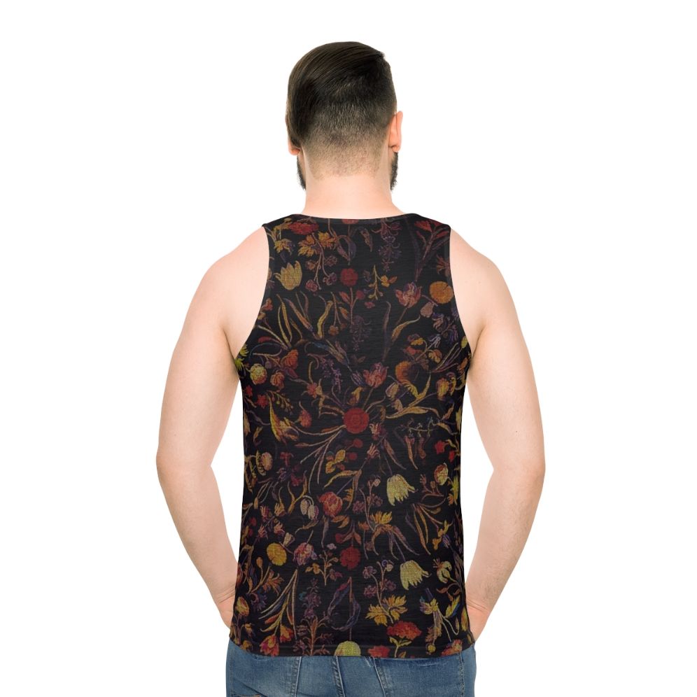 Unisex tank top featuring a black floral design with mythical creatures