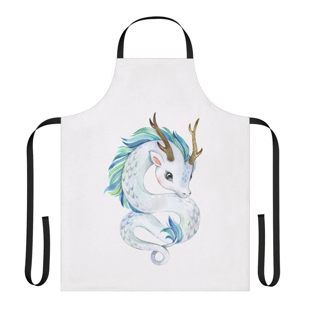 A whimsical apron featuring a colorful, mythical dragon design