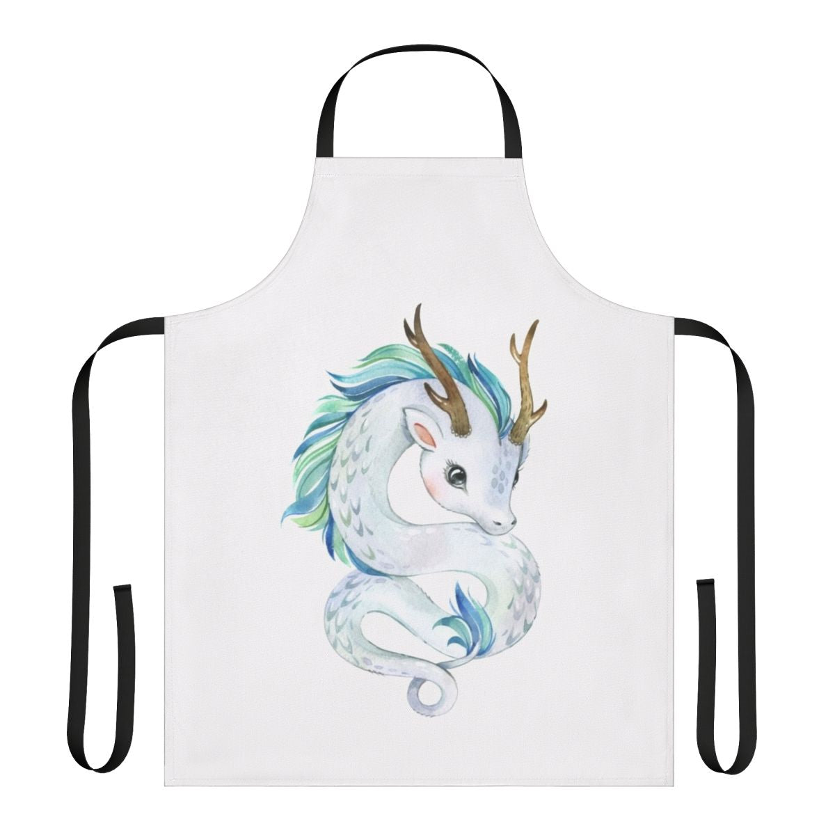 A whimsical apron featuring a colorful, mythical dragon design