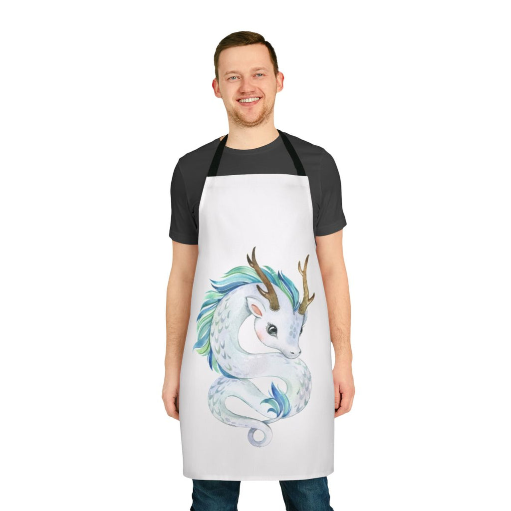 A whimsical apron featuring a colorful, mythical dragon design