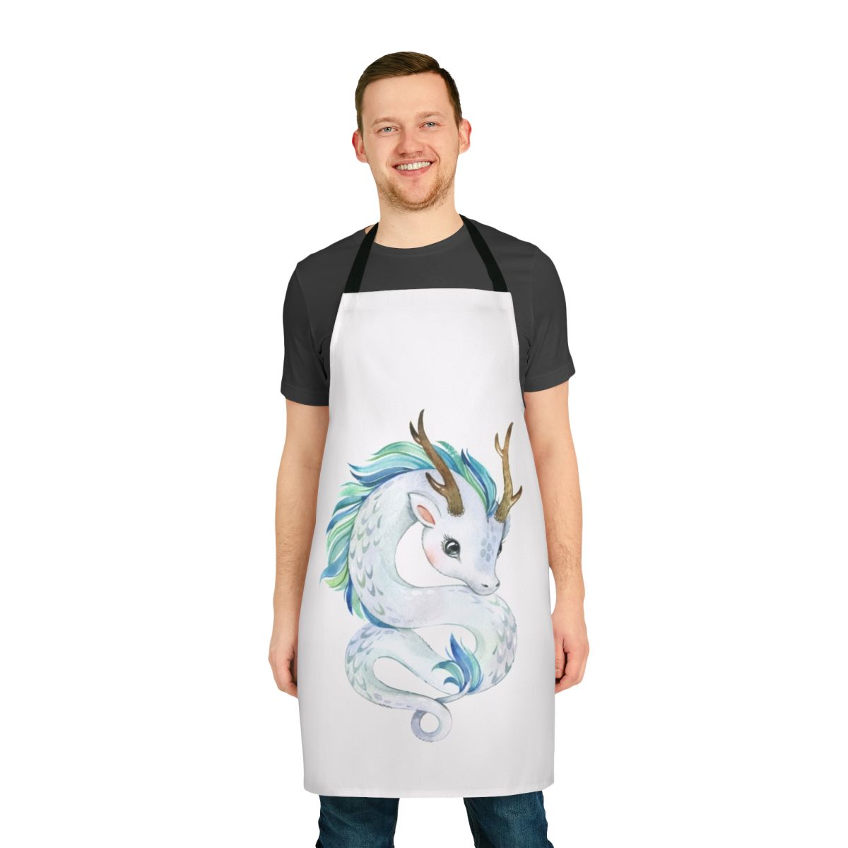 A whimsical apron featuring a colorful, mythical dragon design