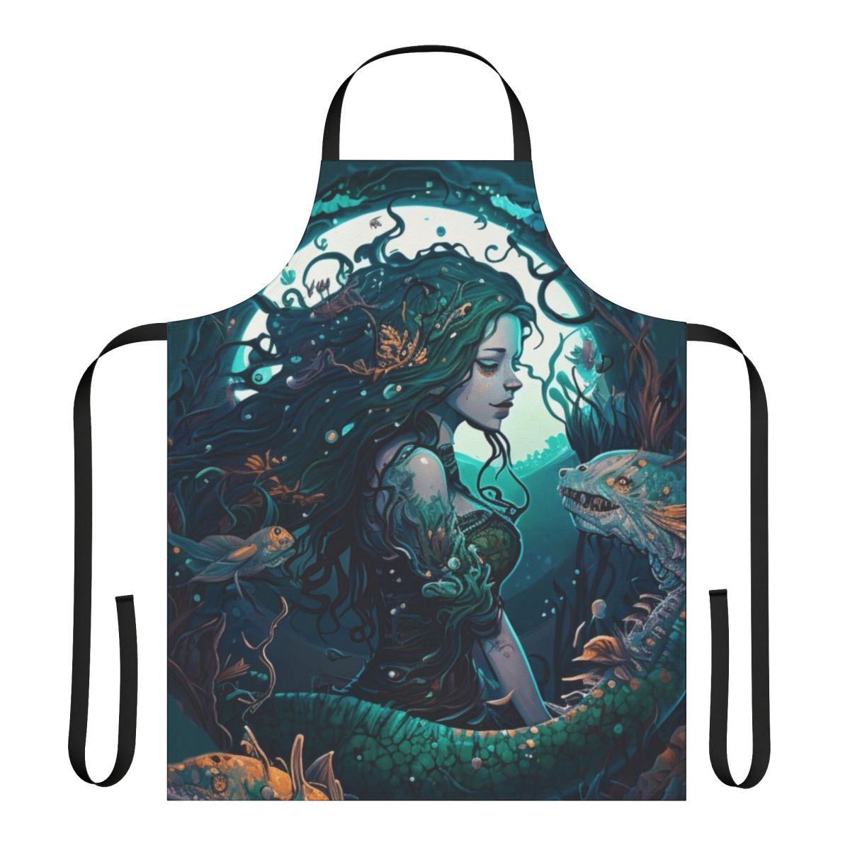 Whimsical apron featuring a design of legendary oceanic beasts and fantasy sea creatures