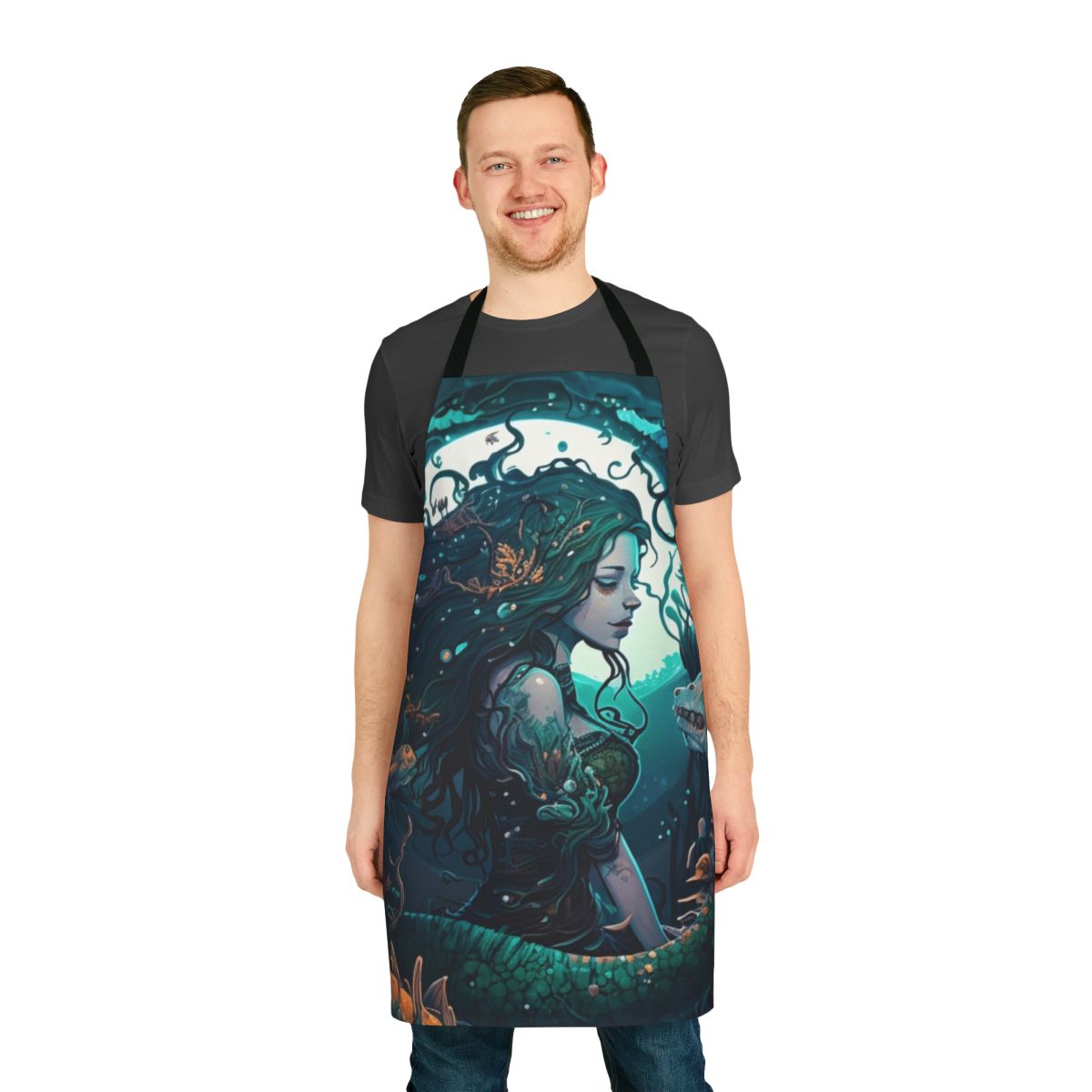 Whimsical apron featuring a design of legendary oceanic beasts and fantasy sea creatures