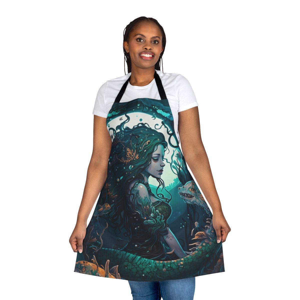 Whimsical apron featuring a design of legendary oceanic beasts and fantasy sea creatures