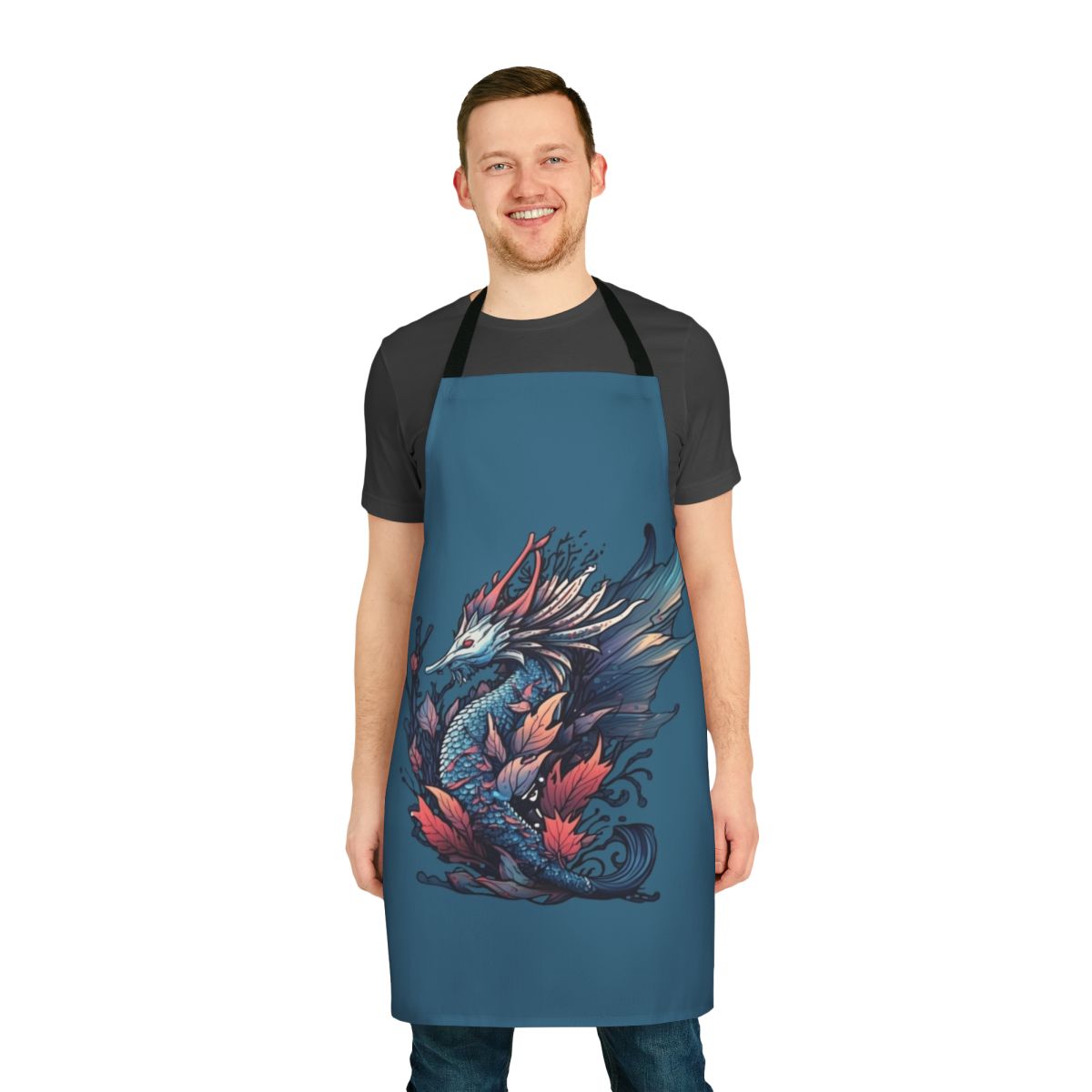 Whimsical apron featuring mythical sea creatures and fantasy beasts