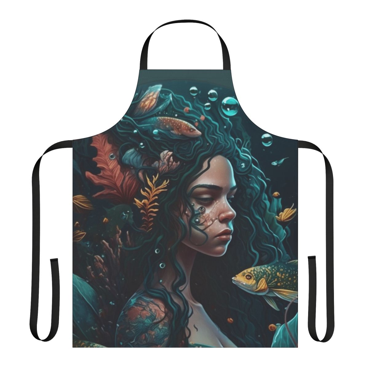 Whimsical apron featuring illustrations of legendary sea monsters and mythical aquatic creatures