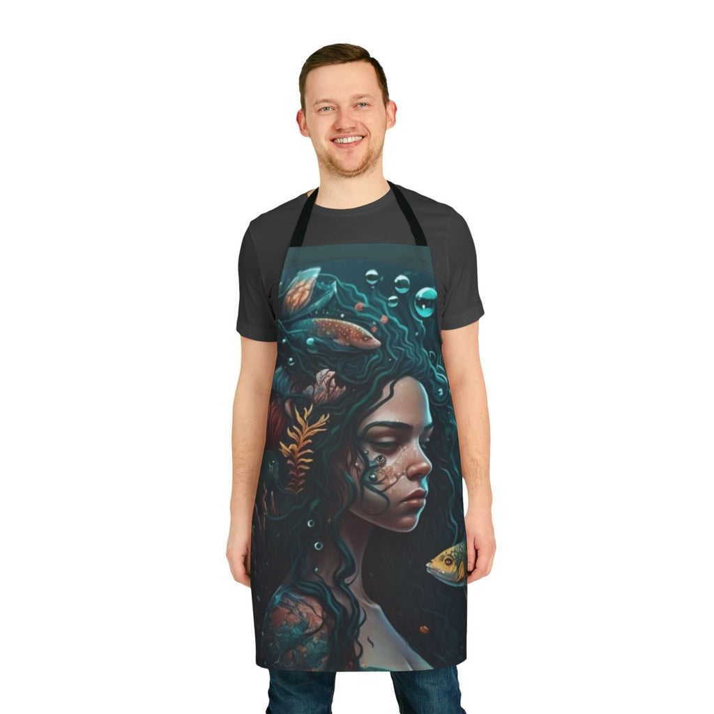 Whimsical apron featuring illustrations of legendary sea monsters and mythical aquatic creatures