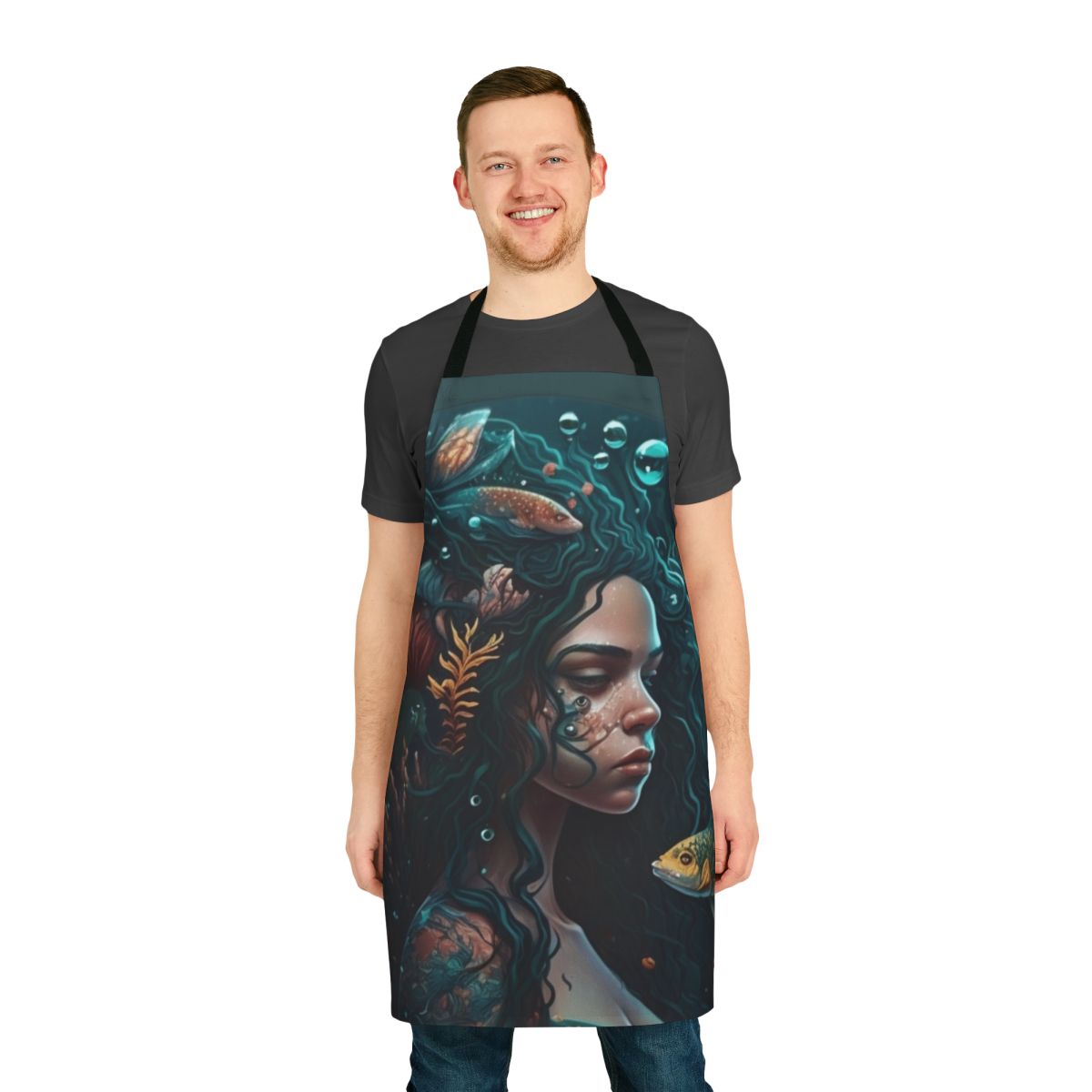 Whimsical apron featuring illustrations of legendary sea monsters and mythical aquatic creatures