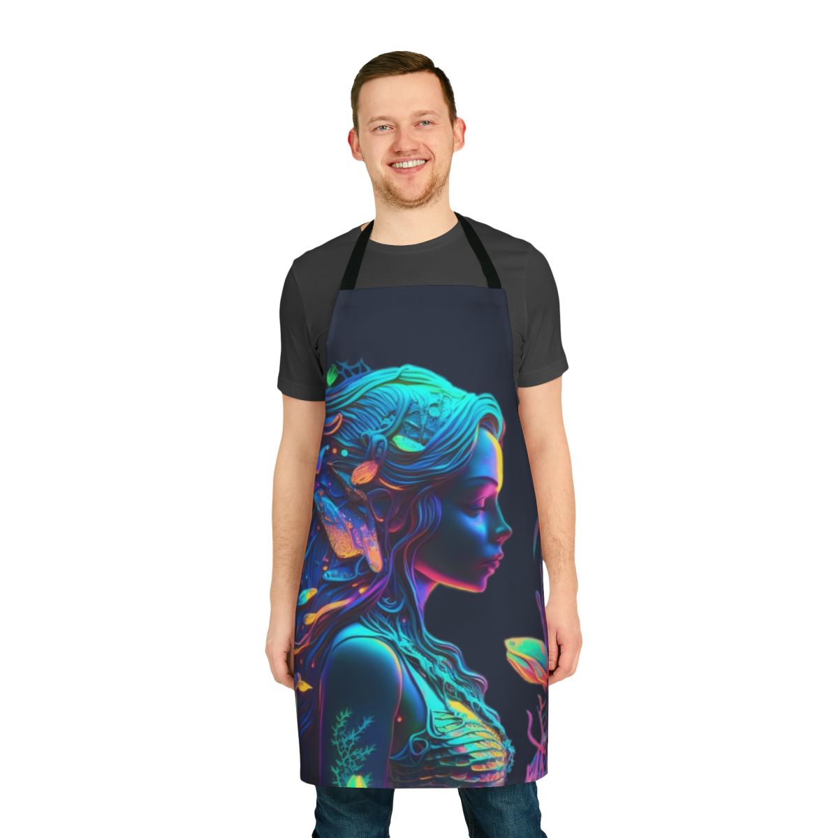 Whimsical apron featuring mythical sea creatures and fantasy beasts