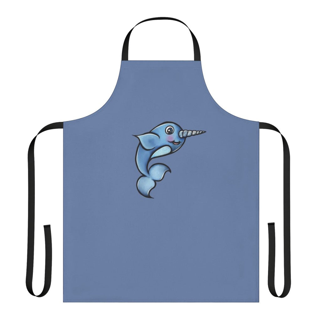 Whimsical illustration of a happy narwhal on a navy blue kitchen apron