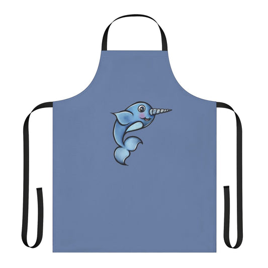 Whimsical illustration of a happy narwhal on a navy blue kitchen apron