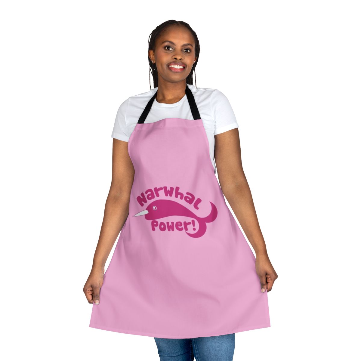 A vibrant apron featuring a playful narwhal design, perfect for the kitchen.