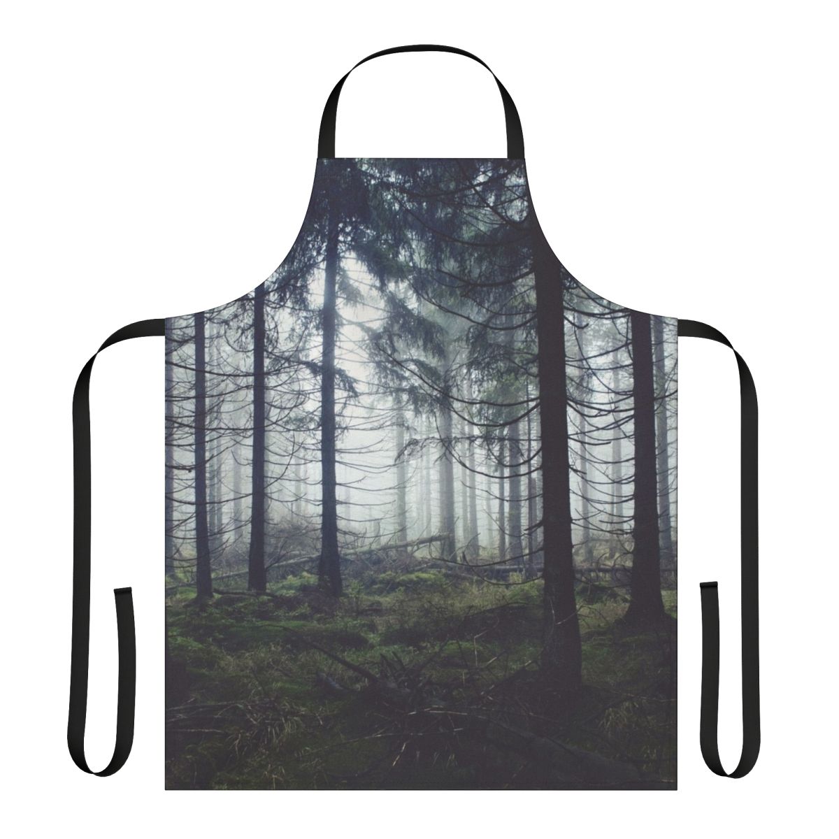 Whimsical apron featuring a misty forest scene, perfect for nature lovers and outdoor enthusiasts.