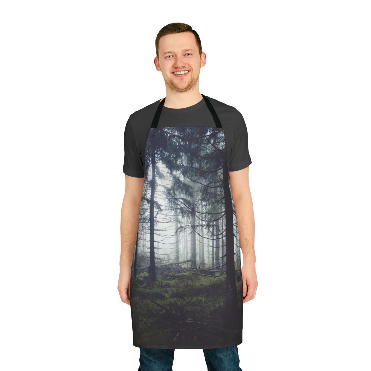 Whimsical apron featuring a misty forest scene, perfect for nature lovers and outdoor enthusiasts.